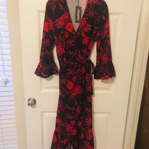 Boohoo red & black floral wrap maxi dress